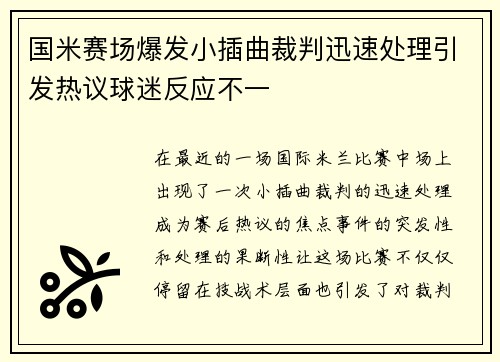 国米赛场爆发小插曲裁判迅速处理引发热议球迷反应不一